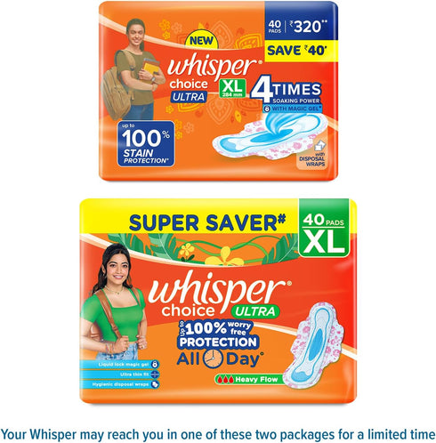WHISPER 40S Choice Sanitary Pads with Wings for Women, XL, Napkins
