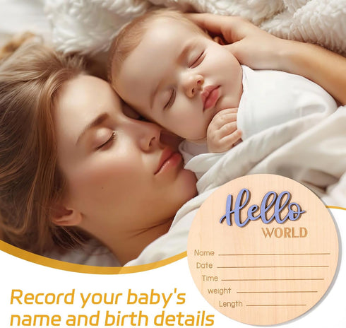 NQEUEPN 5.9 Inch/15cm Newborn Announcement Sign, Wooden Hello World Plaques Baby Welcome Sign Birth Newborn Name