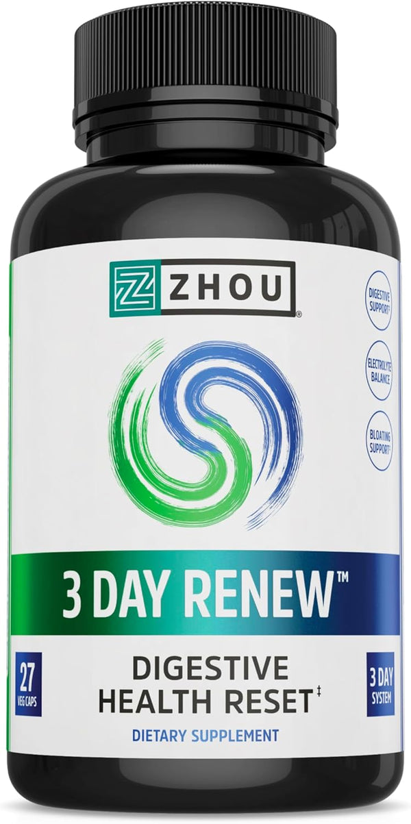 Zhou 3 Day Renew Digestive Health Reset, Bloating Aide with Alpha-Galactosidase, Probiotics, Electrolytes, 27 Veg Caps
