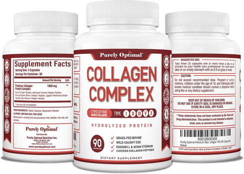 Purely Optimal Premium Multi Collagen Peptides Capsules (Types I, II, III, V, X) - Hair, Skin and Nails, Digestive &