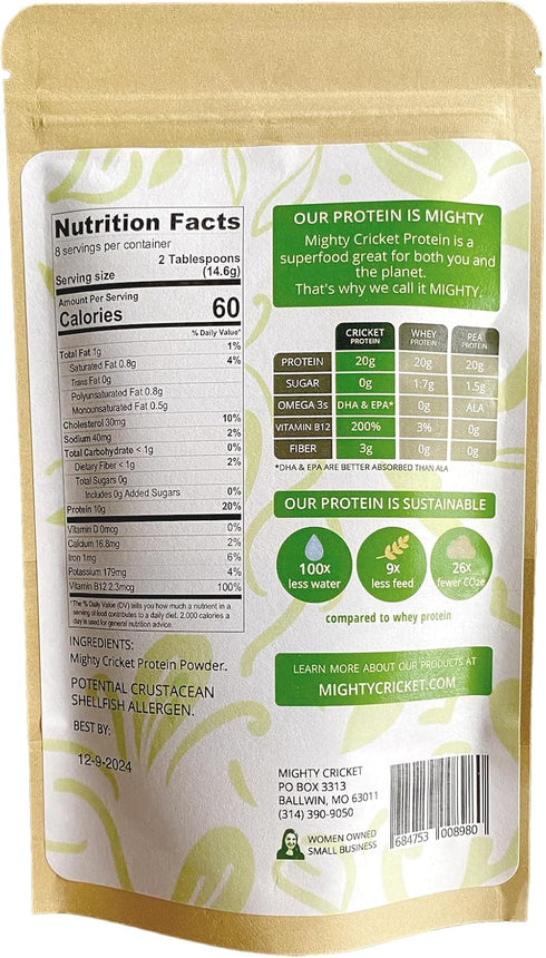 100% Pure Cricket Flour Powder - High Protein, Gluten Free + Dairy Free, 1/4 Lb