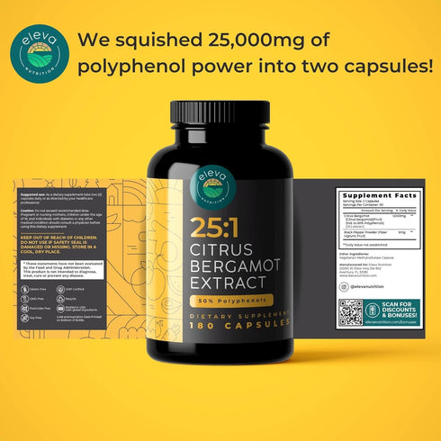 Citrus Bergamot Extract 1000mg Capsules - 180 Capsules, 25:1 Citrus Bergamot, 50% Polyphenols, Vegan, Non-GMO, Black