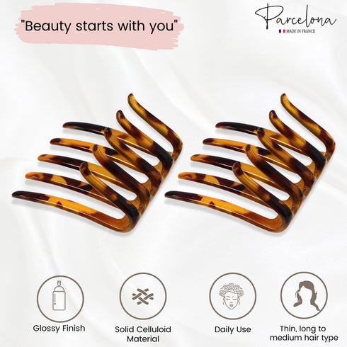 Parcelona French Crab Interlocking Savana Light Shell Medium 2 1/4" Celluloid No Slip Ponytail Updo Clips Flexible Sturdy Hold Hair Clips Side Comb for Women and Girls, Made in France Brown