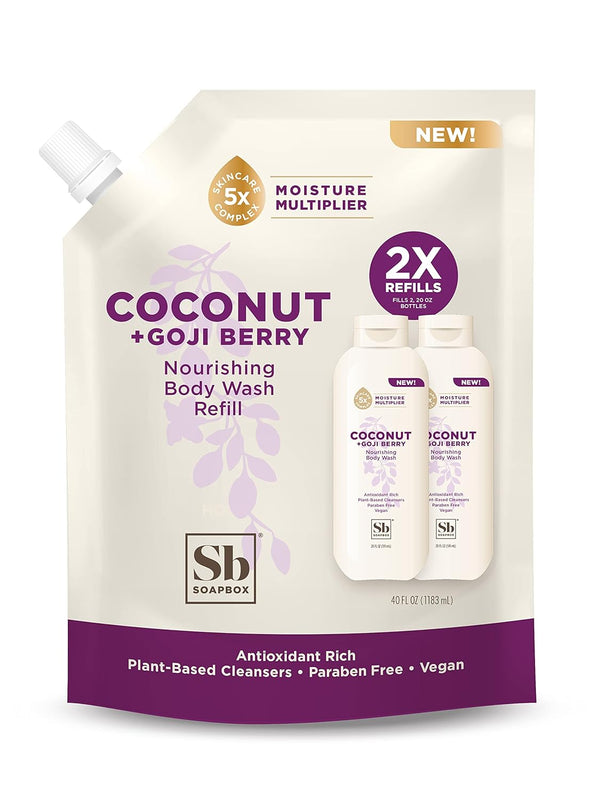 Soapbox Body Wash Refill, Coconut + Goji Berry, Vegan Moisturizing Body Wash Refill Pouch, 40oz Size