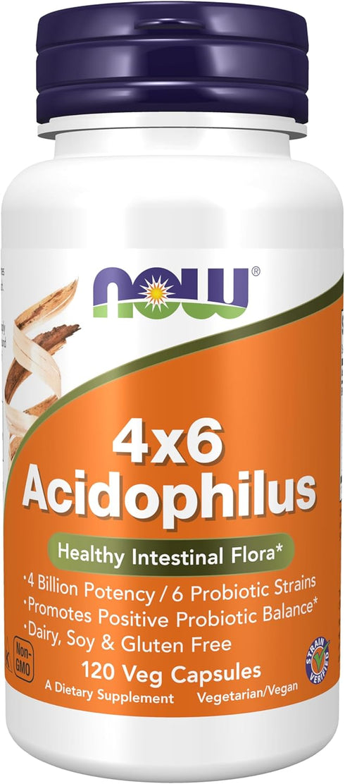 NOW Supplements Acidophilus 4X6 - 120 Veg Capsules with 4 Billion Potency and 6 Probiotic Strains, Strain Verified