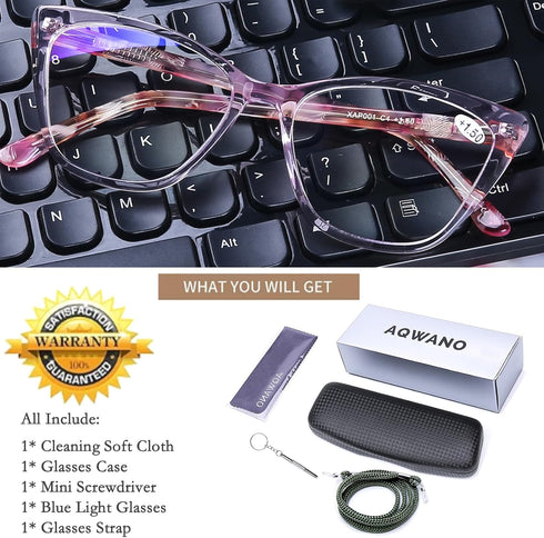 AQWANO Stylish Cat Eye Computer Reading Glasses - Women Oversized Designer Blue Light Block Eyeglasses, Pink