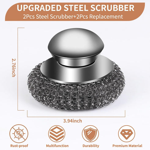 4pcs Steel Wool Scrubber Set, Stainless Steel Scrubber with Handle for Cast Iron, Pots, Pans, Sink