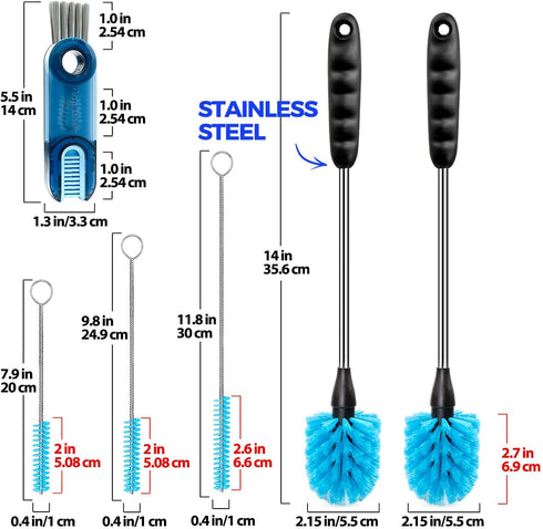 Holikme 6 Pack Bottle Brush Set, 14" Long Handle Stainless Steel Cleaner, 3 Straw Brushes, Blue