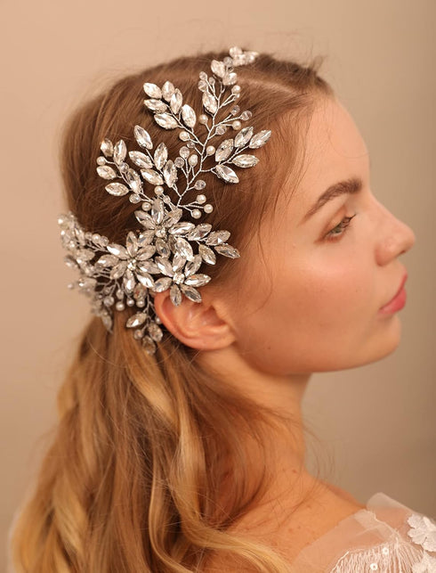 Rhinestone Crystal Flower Bridal Hair Comb, Wedding Headpiece for Bride and Women, Silver