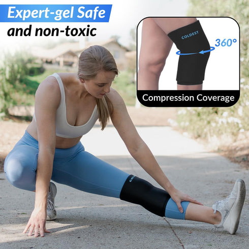 Coldest Knee Ice Pack 360, Reusable Gel Ice Wrap for Knee Pain Relief, Compression for Injuries, Black (Medium)