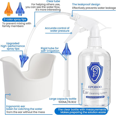 Ear Wax Removal Kit - Safe & Effective Ear Wash Kit with 500ml Ear Bottle, 20 Comfortable Reusable Tips, Big Basin &