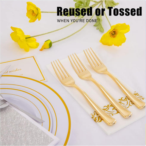 WDF 100 Piece Gold Plastic Forks, 7.4inch Disposable Gold Silverware for Dessert Cake Parties