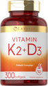 Carlyle Vitamin K2 and D3 Supplement - 300 Softgels, 200mcg K2 MK7 & 250mcg D3, Non-GMO, Gluten Free