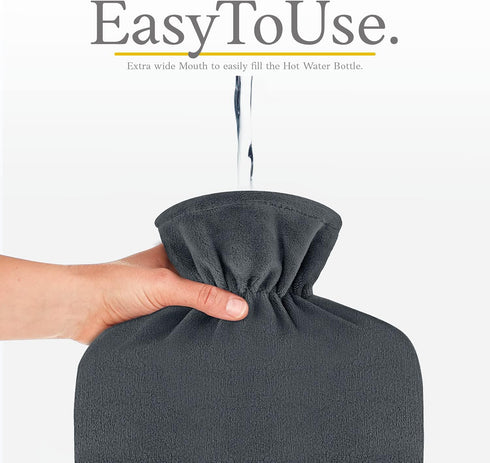 Qomfor 2L Hot Water Bottle - with Soft Premium Fleece Cover - Dark Gray, - Heating Pad for Menstrual Cramps & Period