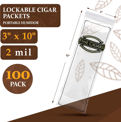 Clear Printed Fine Cigars Cigar Bags - 3 x 10 Inches, 100 Pack Reclosable Zipper Bags for Cigars