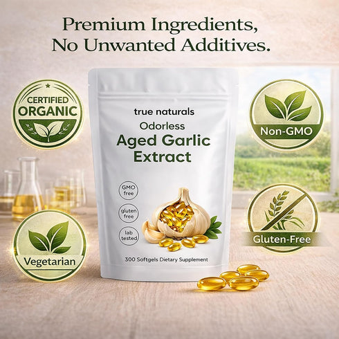 TRUE NATURALS 300 2-Year Immune (1) Aged Garlic Extract - Softgels, Odorless, Organic Garlic Supplement, Matured