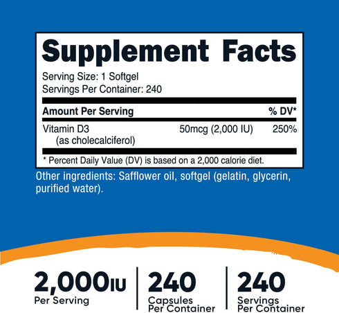 Nutricost Vitamin D3 2000 iu Softgels, 240 Softgels - Non-GMO & Gluten Free