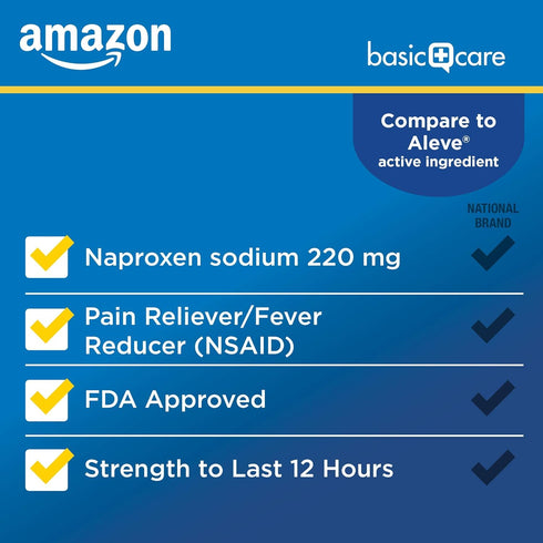 Amazon Basic Care Naproxen Sodium Caplets, 220 mg, Pain Reliever for Muscular Aches, 90 Count