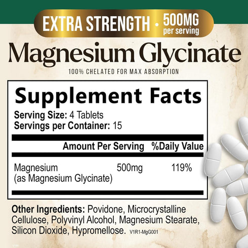 Magnesium Pills Extra Strength 500mg - Chelated for Ultra Absorption - Magnesium Supplement for Bone, Muscle Health & Heart Support, Nature's Magnesio Glycinate Vitamins for Women & Men - 60 Tablets