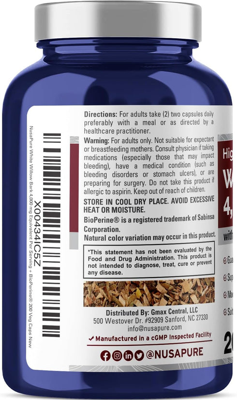 NusaPure White Willow Bark 4000mg - 200 Veggie Capsules, Max Strength, Non-GMO, Bioperine, Herb Extract