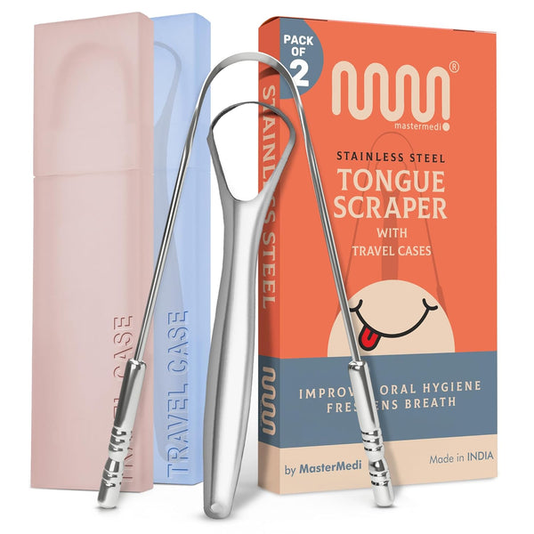 MasterMedi Tongue Scraper with Multicolor Cases (2 Pack), 100% Stainless Steel for Oral Care & Hygiene