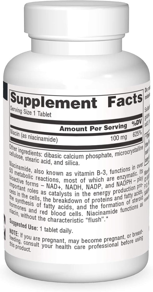 Source Naturals Niacinamide B-3, 100 mg Dietary Supplement - 100 Tablets for Daily Use