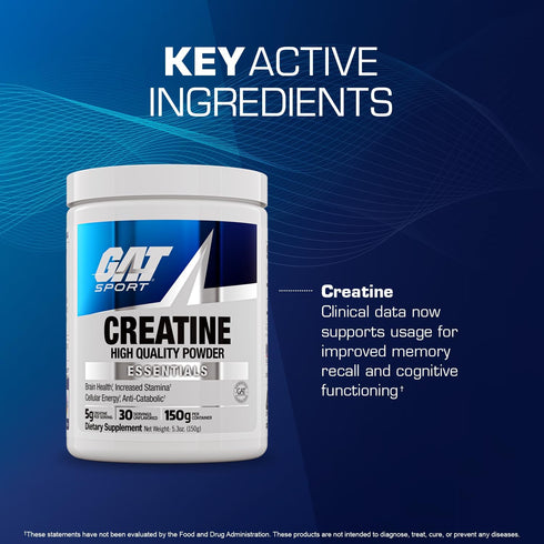 GAT SPORT Creatine Monohydrate Powder - Unflavored, 30 Servings for Strength, Endurance, Brain Health