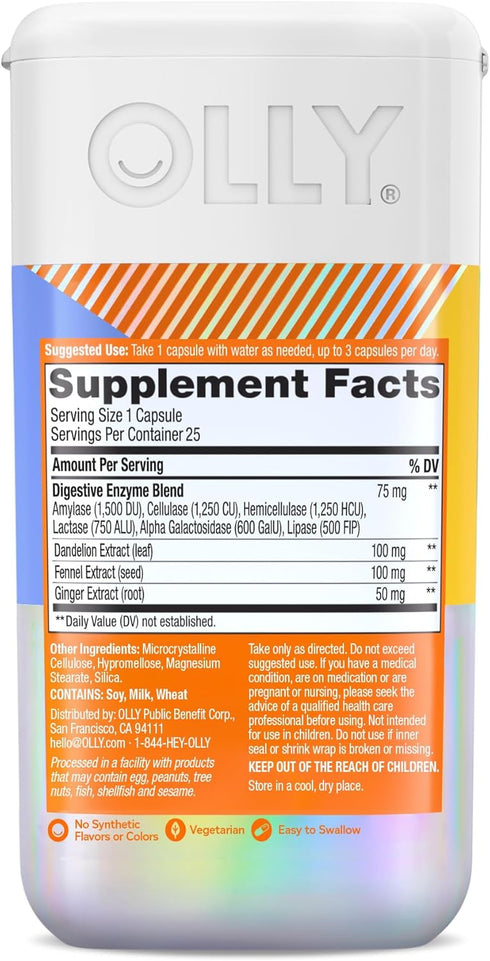 OLLY Beat The Bloat Capsules, Digestive Support Enzymes Supplement for Women, 25 Count