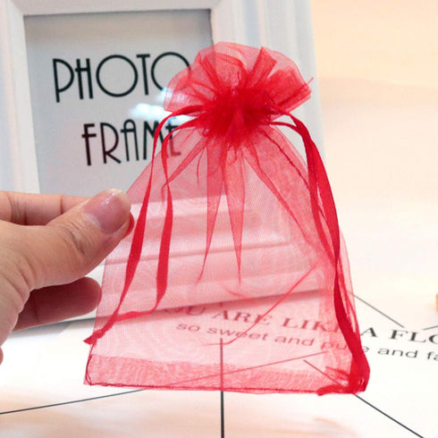 100 Pc 5x7 inch Red Gift Wrap Bags, Organza Sheer Fabric Drawstring Treat Bags for Baby Shower, House Party Favors