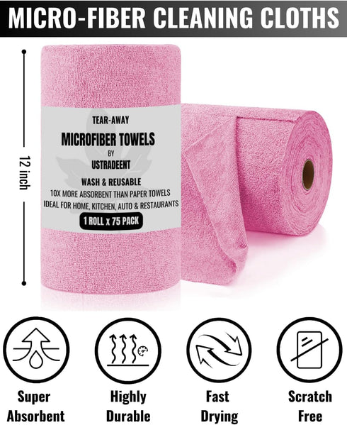 Microfiber Cleaning Cloth Roll -75 Sheets, Tear Away Towels, 12" x 12", Reusable Cleaning Rags and Microfiber Towels for Cars, Garage and Household Cleaning Supplies Organizer