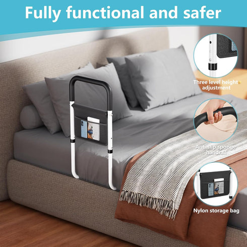 Hopelight Adjustable Bed Rail Support Handle with Storage Pouch, White and Black, Height Assist Safety Guard
