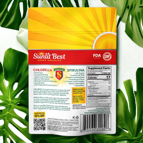 Sunlit Super 50/50 Organic Chlorella Spirulina Tablets, Super Greens Supplement for Immune Support, 1000 Superfood Tabs