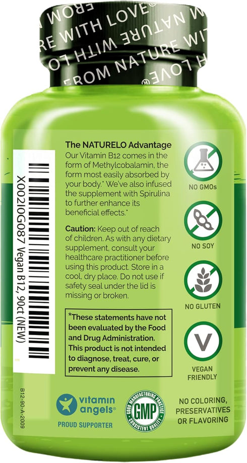 NATURELO Vegan B12 - High Potency Methyl B12 1000 mcg with Organic Spirulina - Supports Mood, Energy, Heart & Eye