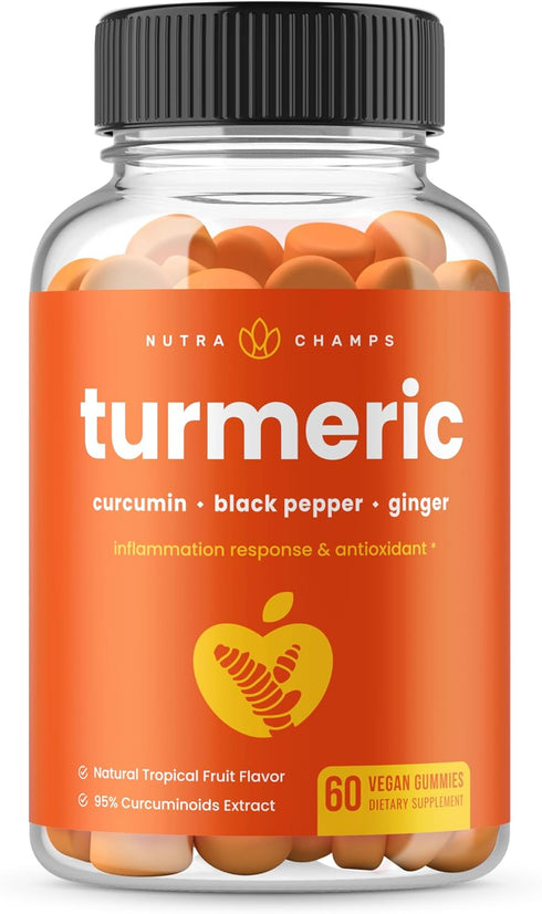 NutraChamps Turmeric Gummies for Adults & Kids, Ginger & Black Pepper Extract, Vegan Natural Curcumin Supplement