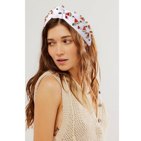 Summer Watermelon Headbands for Women, Tropical Fruit Rhinestone Crystal Wide Top Knot Hair Accessories (Fruit B-White)