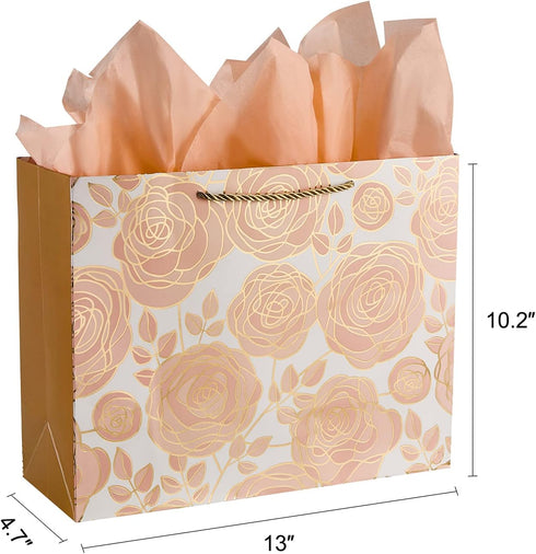 SUNCOLOR Large Gift Bag Set with Tissue Paper and Card, Rose Gold, 13W x 10.2H x 4.7D inches for Wedding, Birthday,