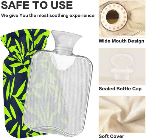 miaozhen 2L Neon Green Leaf Dark Blue hot Water Bottle with Soft Cover Warm Water Bottle for Bed for Menstrual Cramps
