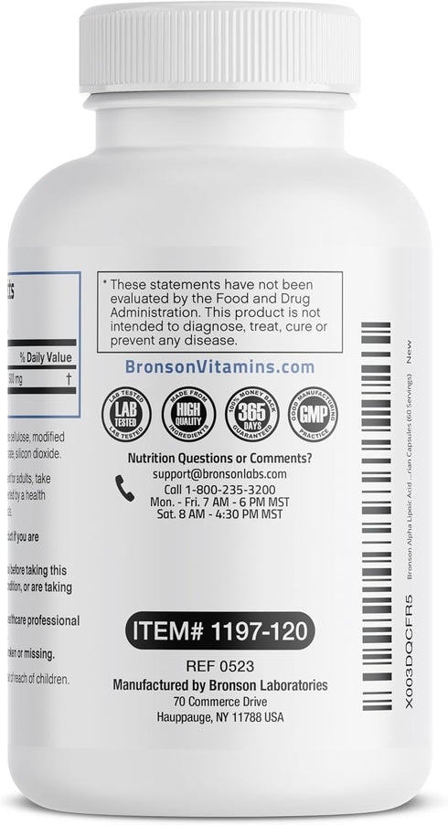 Bronson Alpha Lipoic Acid 600 MG - 120 Vegetarian Capsules (60 Servings) for Antioxidant Health & Free Radical