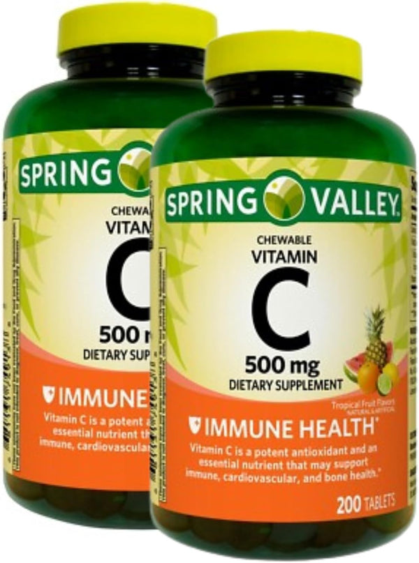 Spring Valley Vitamin C 500mg, Tropical Fruit Flavor 200 Count Tablets, Chewable Vitamin C,