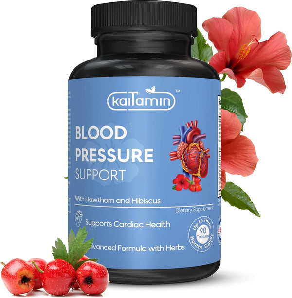 Blood Pressure Support Supplement - Garlic, Hibiscus, Hawthorn - 90 Capsules, 3 Months Supply for Cardiac Health.