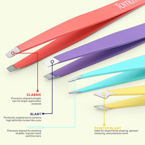 Tweezers for Eyebrows, 4-Piece Slant Tip and Pointed Set for Precision Hair Removal