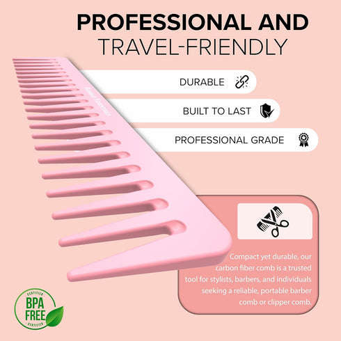 Pink Carbon Wide Tooth Comb for Curly and Straight Hair (7 inch) - Professional Detangling Comb for Styling