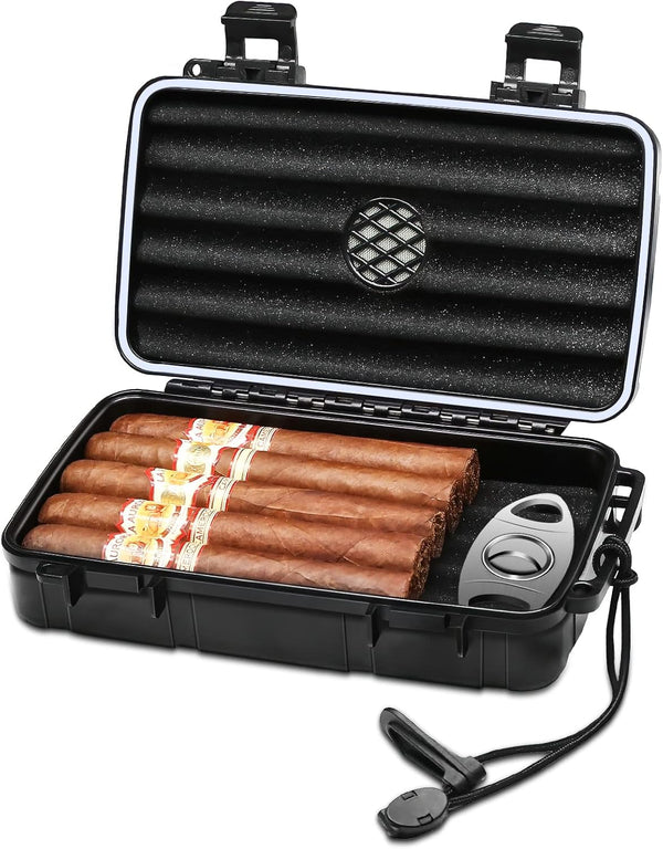 Flauno Travel Cigar Humidor Case, Portable Box with Humidifier Disc & Cutter, Waterproof and Airtight for 10 Cigars