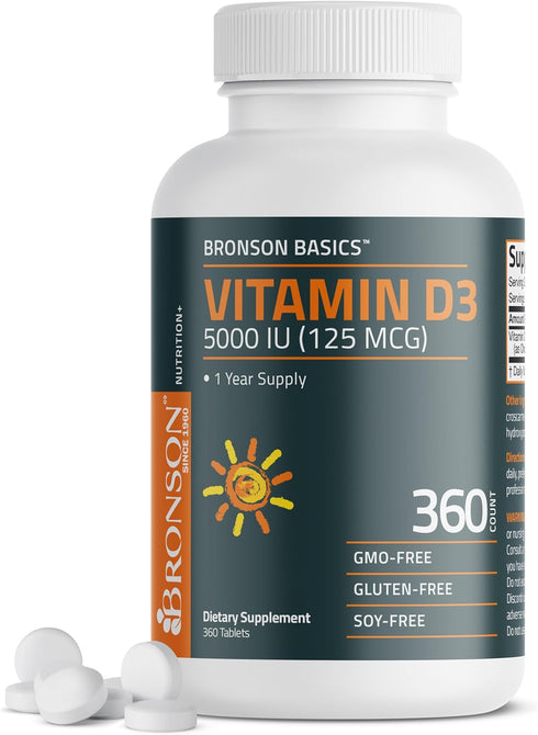 Bronson Vitamin D3 5,000 IU (125 MCG), 360 Tablets, 1 Year Supply for Healthy Muscle Function and Immune Support
