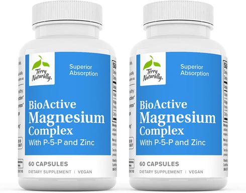 Terry Naturally BioActive Magnesium Complex - 60 Capsules, Pack of 2 with Vitamin B6 & Zinc - Non-GMO, Vegan, Gluten