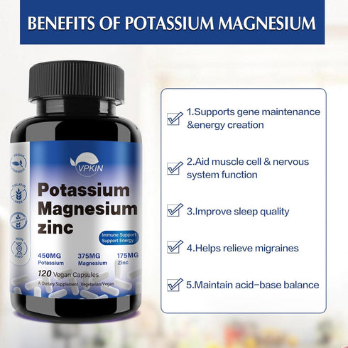 Potassium Magnesium Supplement 1000mg - Supports Vascular, Bone, Heart, Muscle & Nerve Health - 120 Capsules