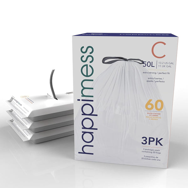 happimess HPM3000C-WHITE 13.2 Gallon Kitchen Drawstring Trash Bags, 60 Count, White, 3 Packs of 20 Liners