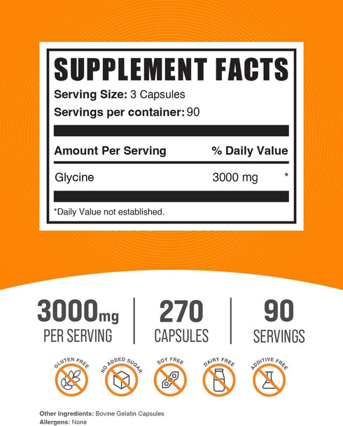 BulkSupplements.com Glycine Capsules - Glycine Supplements, Glycine 3000mg - Amino Acid Supplement, Gluten Free, 3 Capsules per Serving, 270 Capsules (Pack of 1)