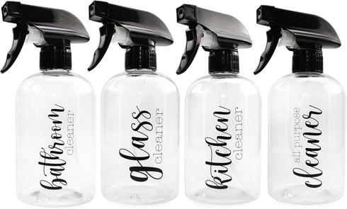 Cornucopia Plastic Cleaning Spray Bottles, Set of 4, 16oz Refillable Trigger Sprayers with Labels