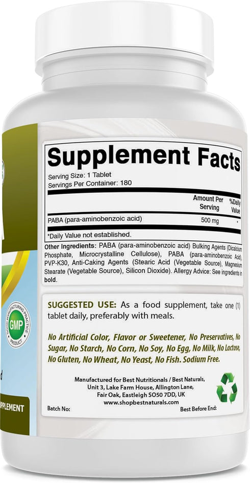 Best Naturals PABA 500 mg, 180 Tablets